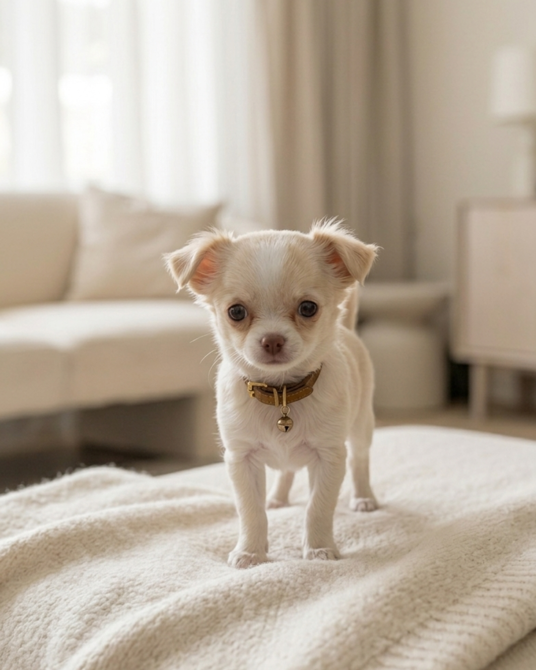 Chico, um chihuahua de pelo longo, em pé sobre uma manta bege